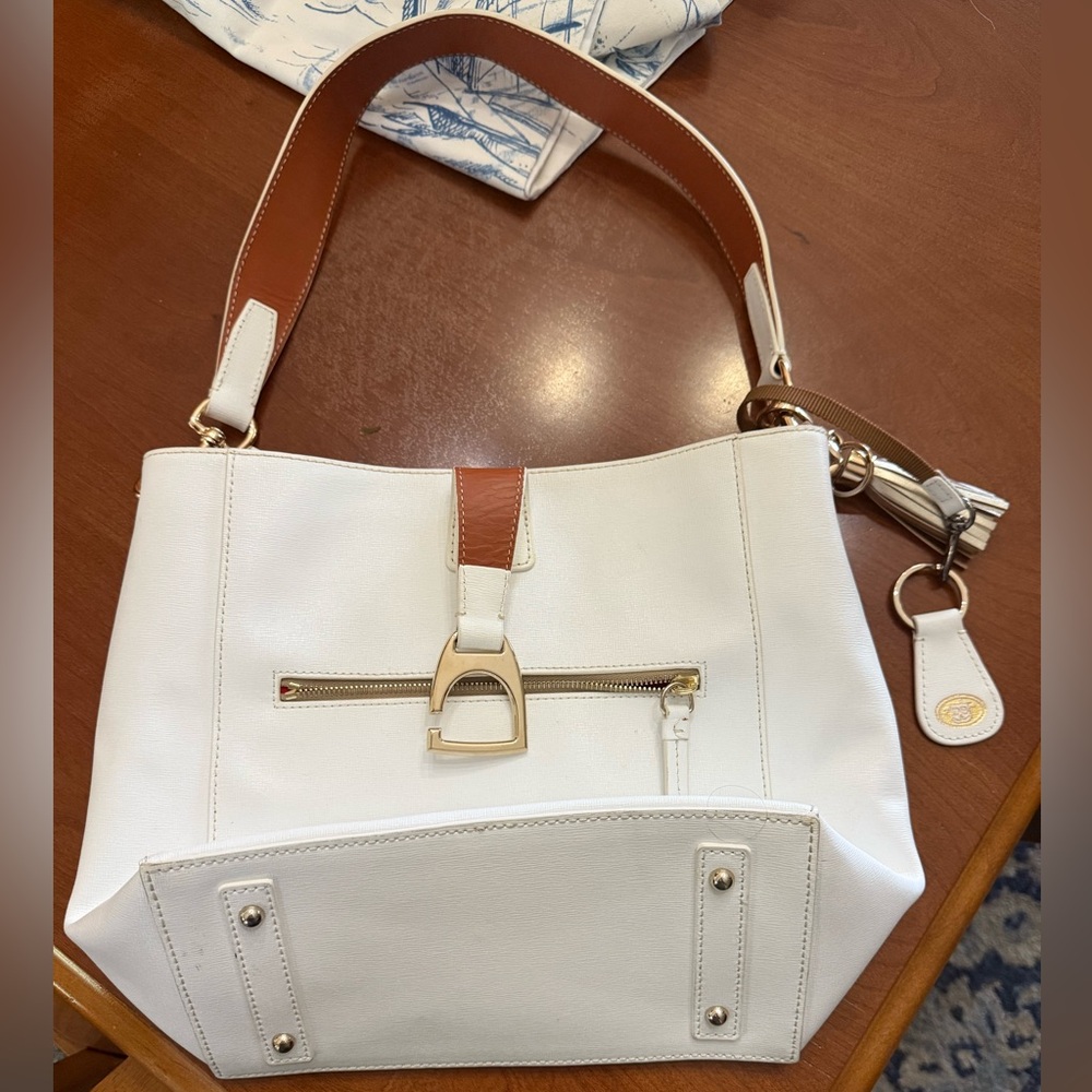 Dooney & Bourke White and Tan Saffiano Shoulder Bag with Gold Accents